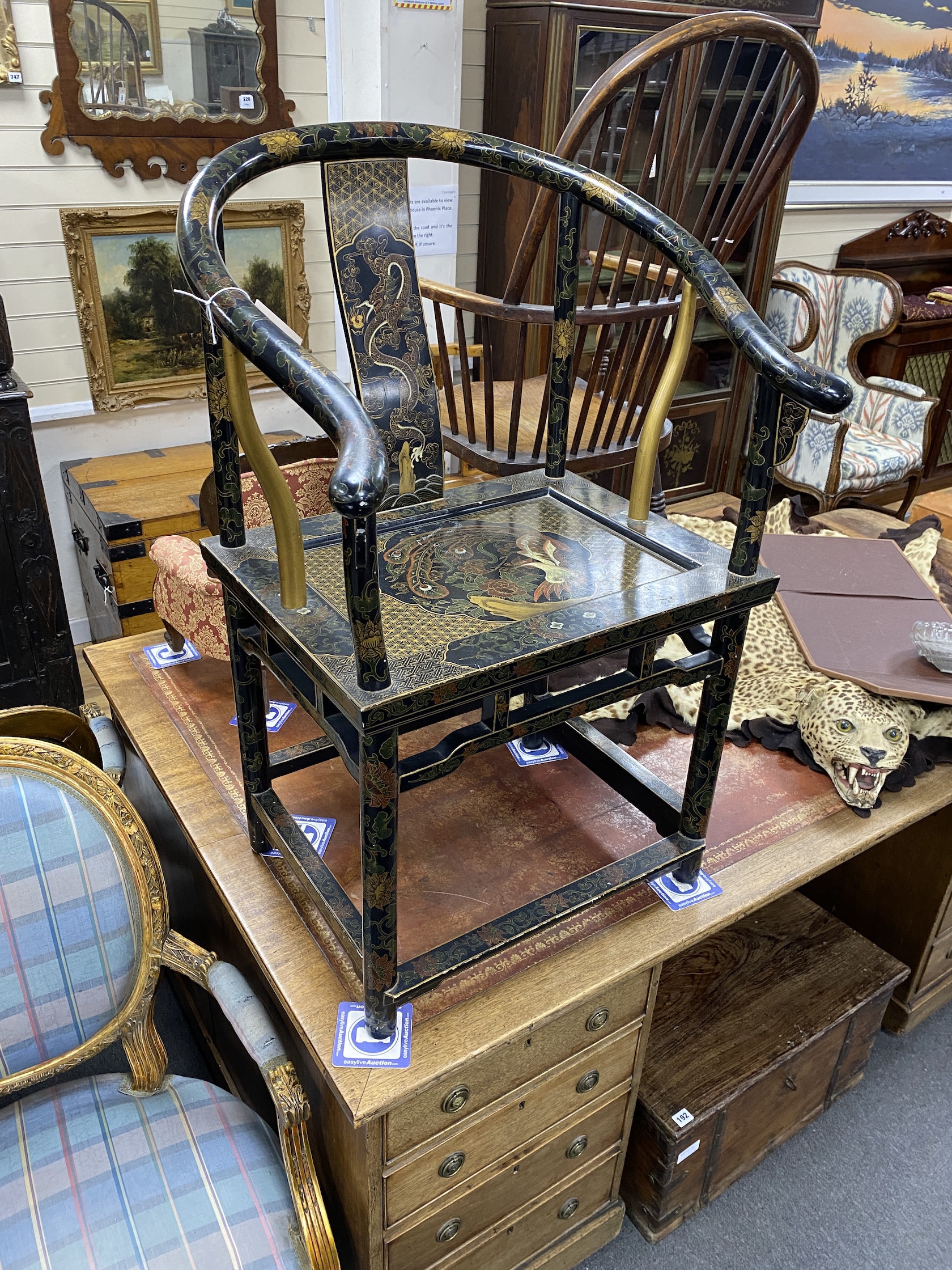 A Chinese lacquer throne armchair, width 58cm, depth 45cm, height 98cm